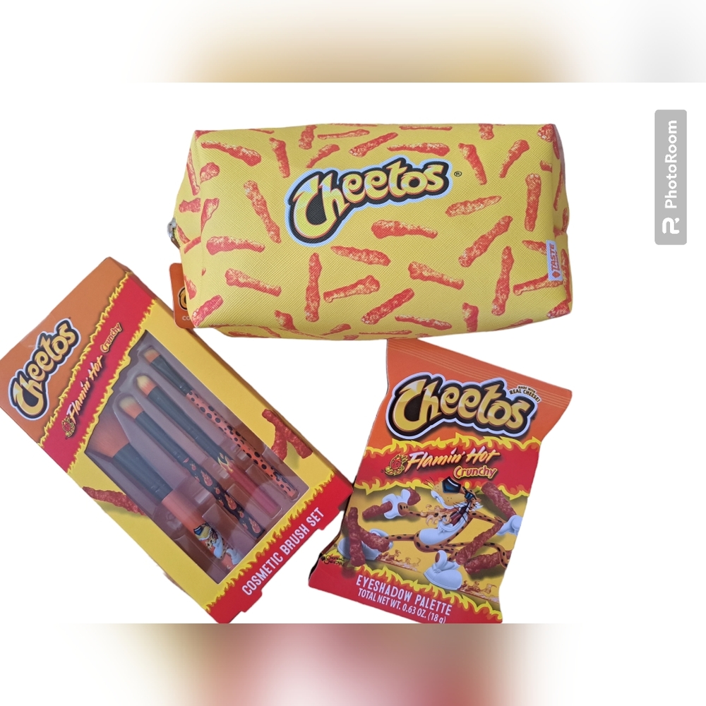 Cheetos Cosmetic Bag, 12 Eyeshadow Palette and Cosmetic Brush Set Bundle